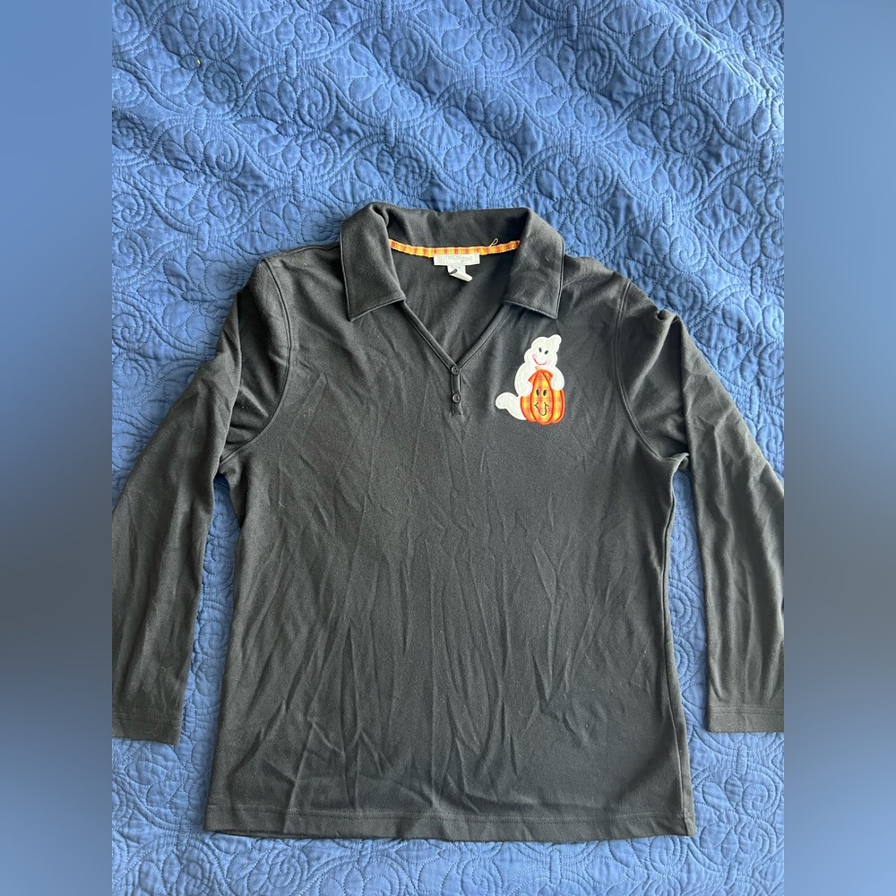 Petite XL Halloween ghost boo long sleeve collared shirt. Mercer street studio